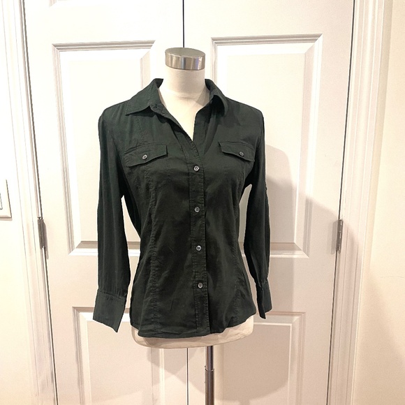 THEORY hunter dark green stretch linen viscose blouse M - Picture 1 of 5